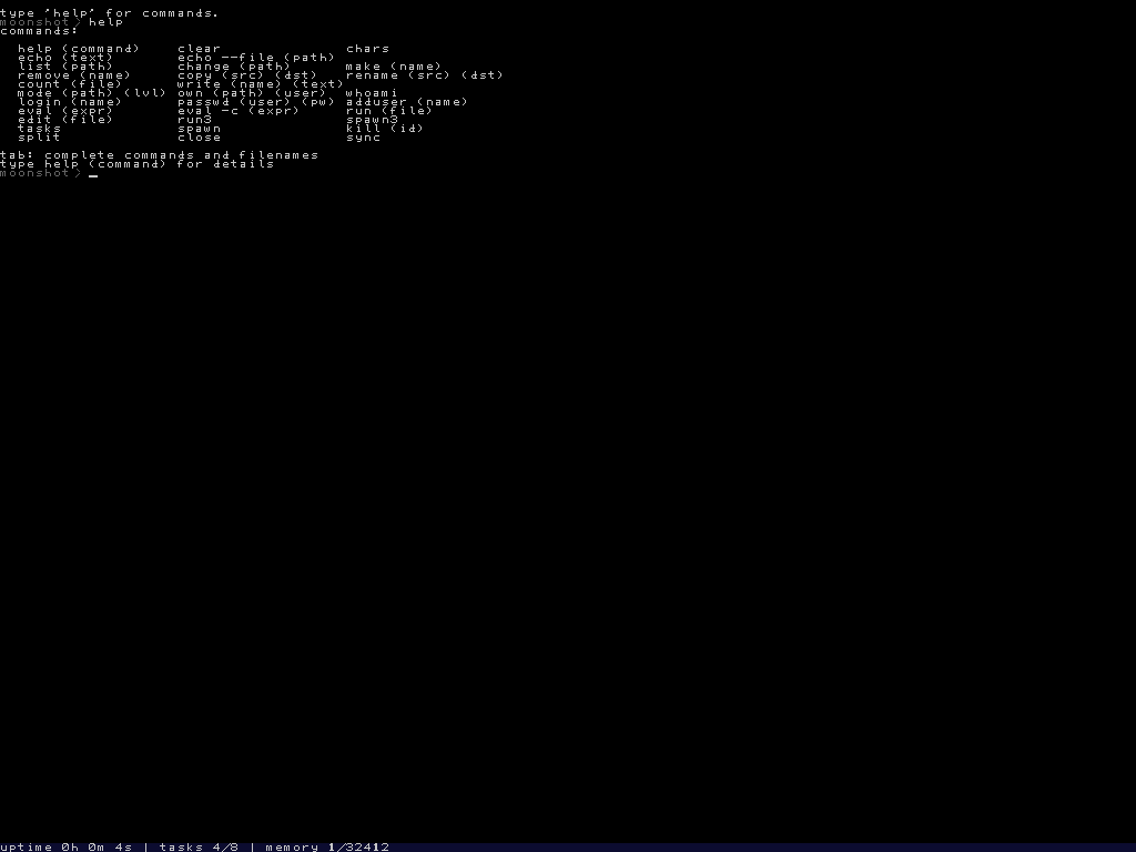 the help command output showing all builtin commands in aligned columns.