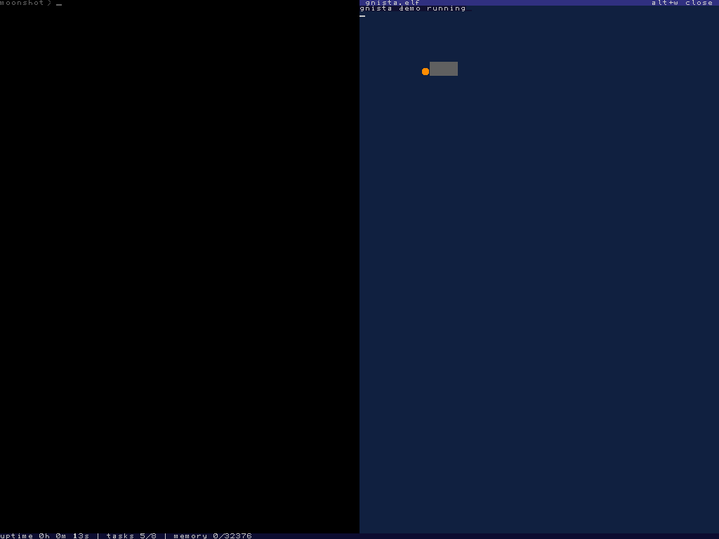 two tiled windows: a shell prompt on the left, and on the right a tavla with a bright blue title strip reading 'gnista.elf' on the left and 'alt+w close' on the right, above a dark blue client area with a sprite in it.